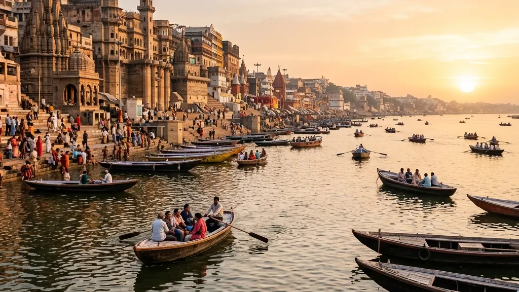 Wooden rowboats moored along the stone steps of a Varanasi ghat at sunrise, orange light on the water